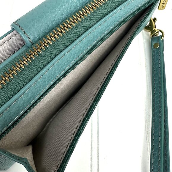 FOSSIL Madison Clutch Wristlet Wallet Leather Pebble Teal Blue Green Zip Around - Picture 6 of 8